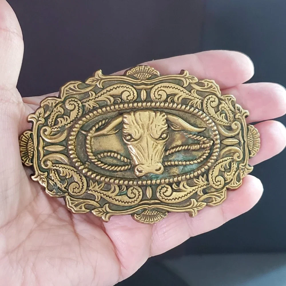 Vintage 1982 Baron Buckles Solid Brass Bull Head Belt Buckle Ornate Rancher